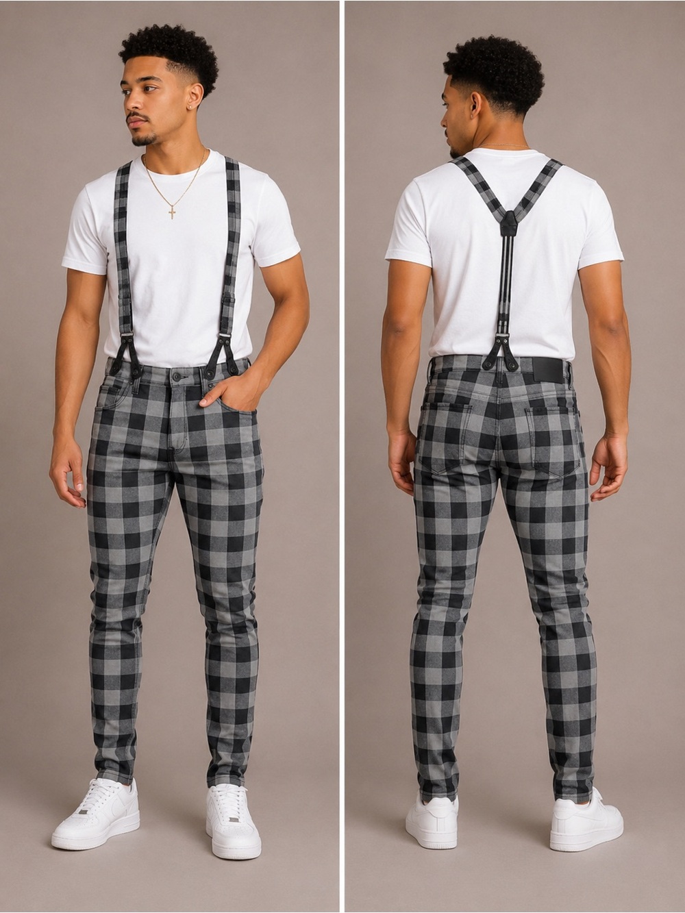 Rocawear Plaid Jeans With Suspenders Men’s 33 Skinny Fit Black Gray BLAK Y2K